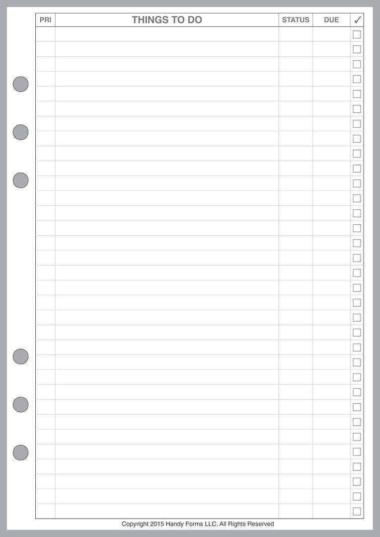 A5 Size to Do List Planner Pages, Sized and Punched for 6-Ring A5 Notebooks by Filofax, LV (GM), Kikki K, TMI, and Others. Sheet Size 5.83" x 8.27" (148mm x 210mm)