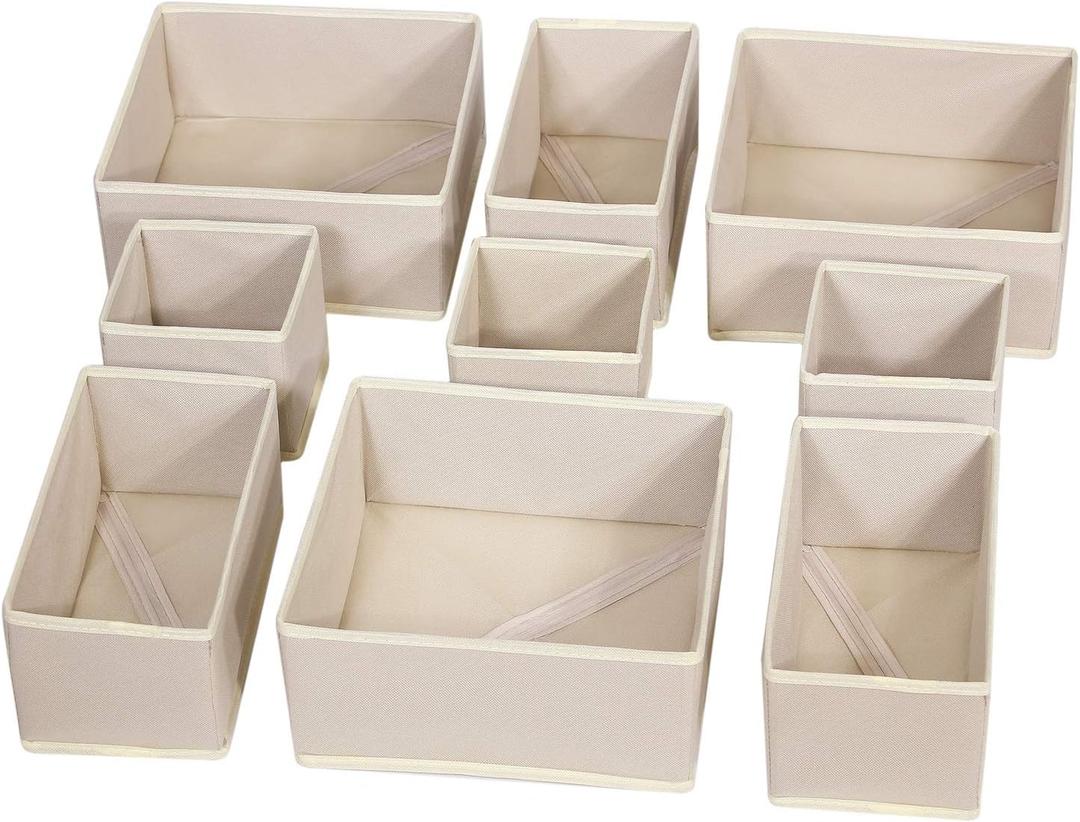 DIOMMELL 9 Pack Foldable Cloth Storage Box Closet Dresser Drawer Organizer Fabric Baskets Bins Containers Divider for Baby Clothes Underwear Bras Socks Lingerie Clothing,Beige 333
