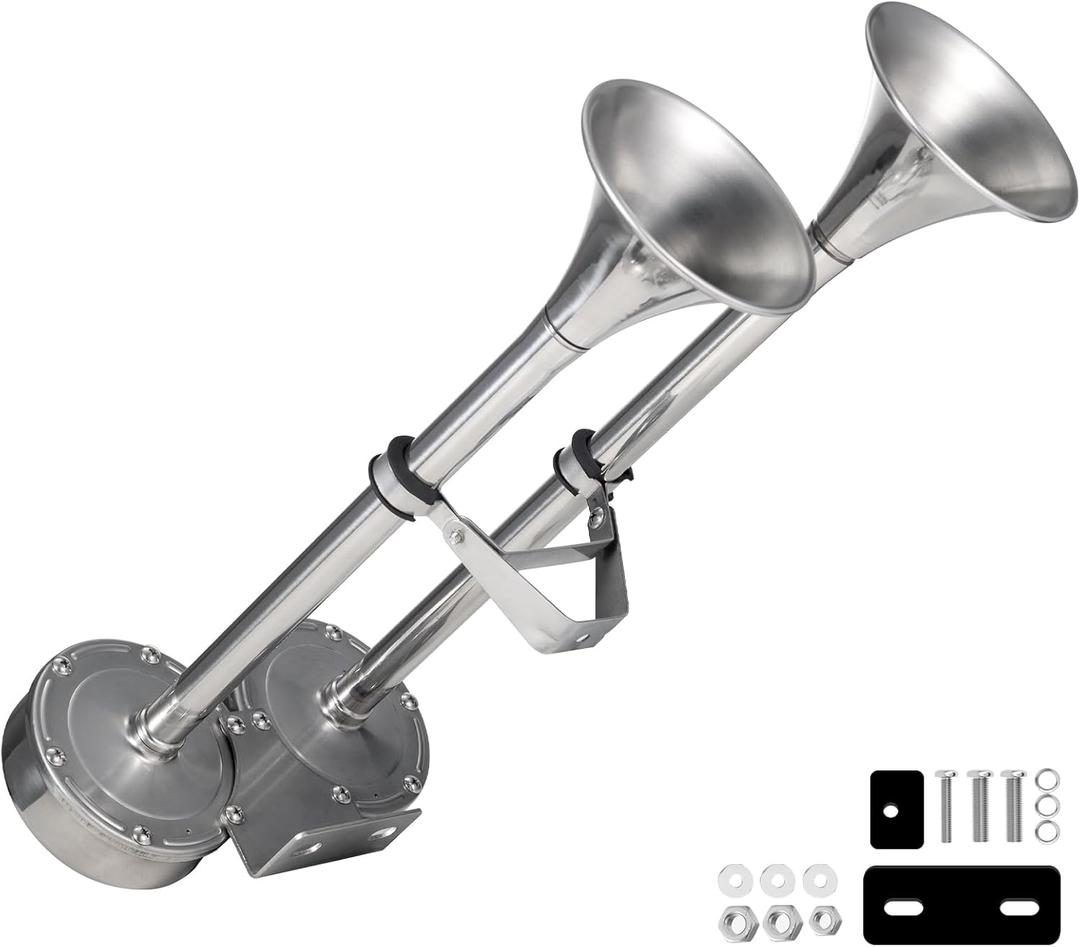150db Boat Horn Deluxe: 12V Dual Horn Trumpet Upgrade - Polished Stainless Steel Marine Horns with Low & High Tones, Featuring Adjustable Horn SupportUpgraded Pair of Horns