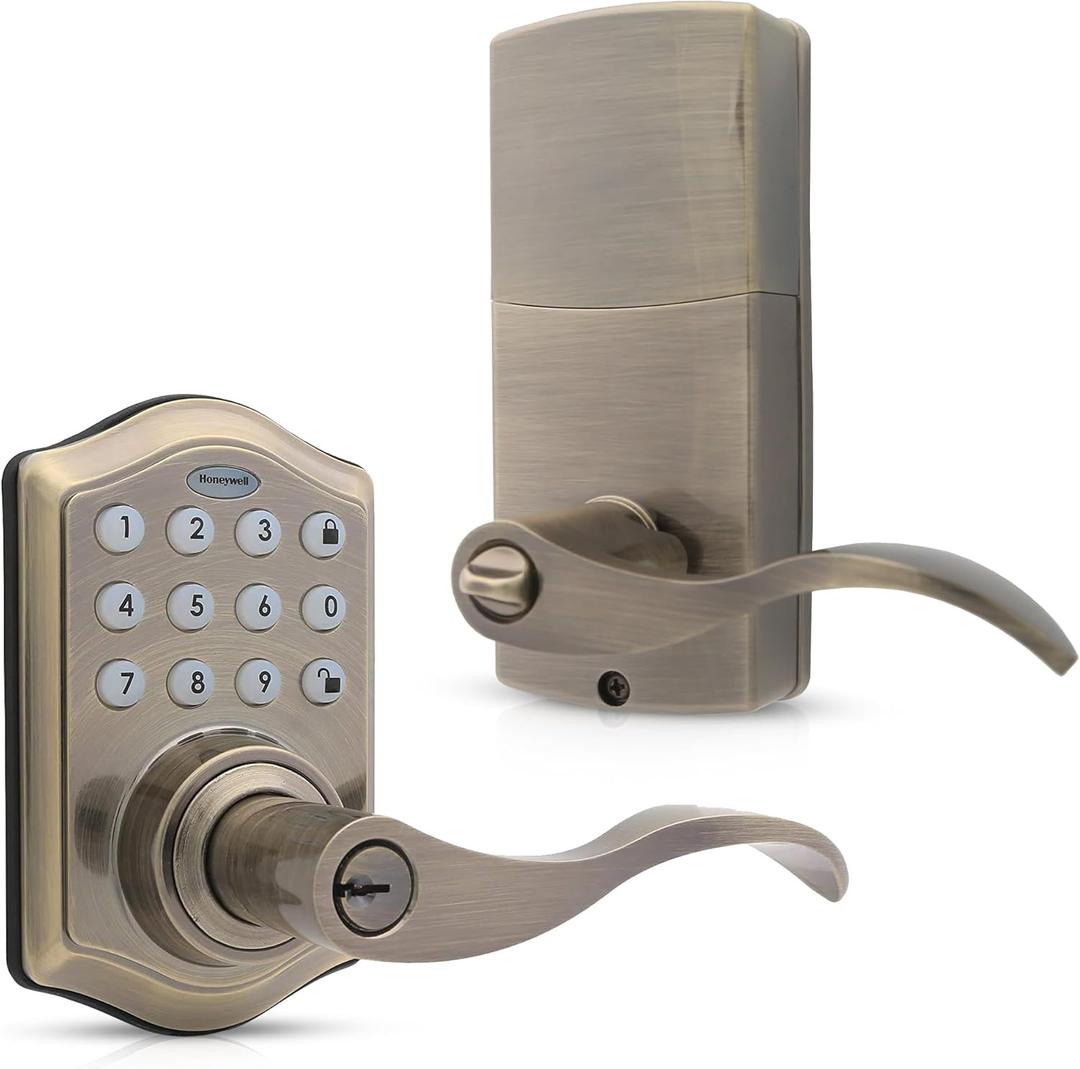 Honeywell Safes & Door Locks - Keyless Entry Lever Door Lock Handle with Electronic Keypad - Easy to Install Front Door Lock with Code - 50 User Pin Codes - Antique Brass - 6.5 x 8.8 x 9 in - 8734101