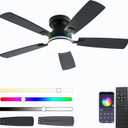 Ceiling Fans with Lights, 48 inch Low Profile Ceiling Fan with Light and Remote Control, Flush Mount RGB Dimmable Light, Noiseless, Black Ceiling Fan for Bedroom Indoor/Outdoor Use