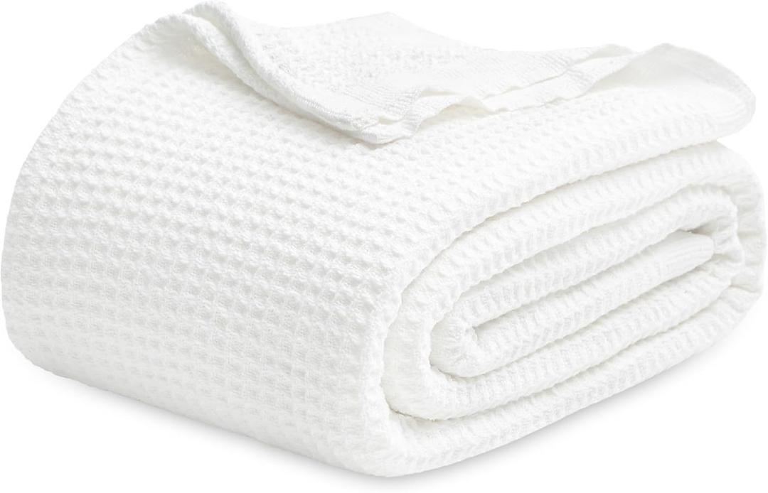 Bedsure Gentlesoft 100% Cotton Blanket Queen Size for Bed - Cooling Breathable and Soft for Summer, Thick Cozy Waffle Weave Blanket Gifts for Women, White, 90x90 Inches