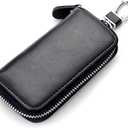 WESTONETEK Unisex Mens Womens Premium Leather Car Key Holder Bag Keychain Case Wallet with 6 Hooks Zipper Closure (Black)