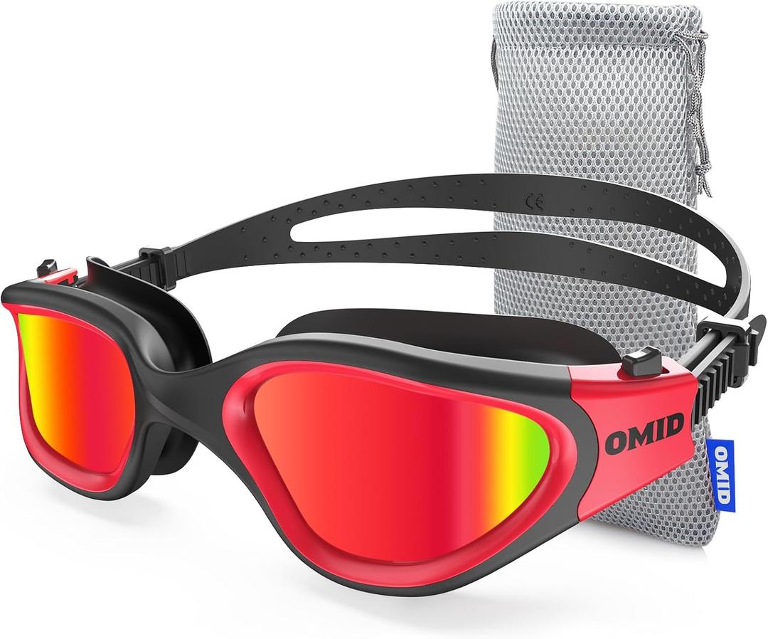 OMID Swim Goggles, P2 Polarized Swimming Goggles for Men Anti-fog Goggles Swimming for Adult Women (A2-black Red Frame Red Lens)