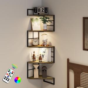 Floating Corner Shelves with Light - 5 Tiers Metal Corner Shelf Wall Mounted for Bedroom Living Room Office Kitchen, Easy-to-Assemble Corner Wall Shelves, Brown