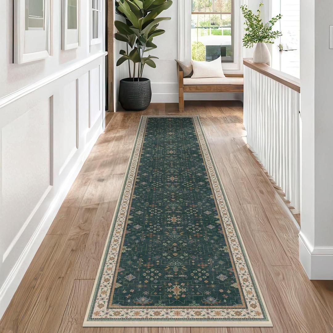 Hazo Haus Dark Green Hallway Runner Rug 12 ft Long - Modern Vintage Boho Eclectic Floral with Brown Accent, Washable Low Pile Non-Slip Extra Long Wide Runner Rugs for Kitchen, 3x12
