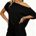 Dressmine 2 Piece Short Sets for Women Sexy Lounge Pjs Cute Batwing Off Shoulder Top Shorts Pajamas Summer Outfits (Black, M)