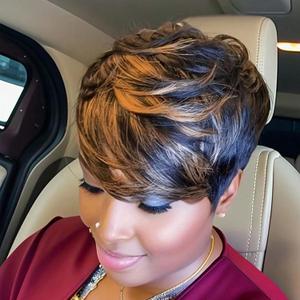 MOONSHOW Short Wigs for Black Women Brown Pixie Cut Wig Short Straight Pixie Hair Wig for Women 1B/30 Colored Layered Synthetic Auburn Brown Pixie Haircut Wigs for Black Women