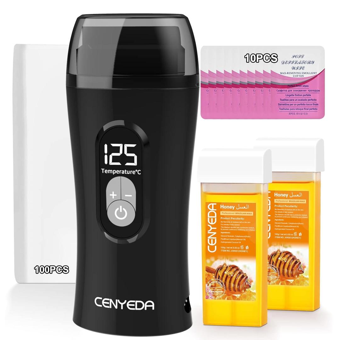 Digital Honey Wax Kit for Women's Hair Removal - Roll On Warmer with 2 Cartridges and 100 Wax Strips