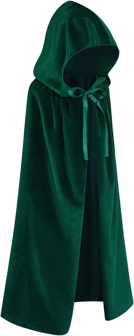 Cape for Kids, Boys and Girls Velvet Cloak with Hood, Halloween Costume Cape, Masquerade, Witch, Wizard (M/31.5inch,Fit for 5-7Years, Green)
