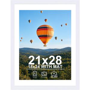 JCJMY 21x28 Picture Frame with 18x24 Mat, Display Photo 18x24 with Mat or 21 x 28 Without Mat, Wall Hanging Large 21 by 28 Poster Frame with Plexiglass, White