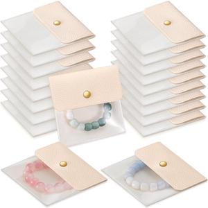Abbylike 18 Pcs Small Velvet Jewelry Pouch for Travel 4 x 4 Inch Mini Clear Jewelry Bags Traveling PU Leather Velvet Organizer Bags (Beige)