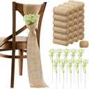 Jecery 24 Sets Burlap Chair Sashes Wedding Natural Chair Bows Ribbons 108 x 6 Inch Rustic Jute Bow Ties with Artificial Babys Breath for Home Anniversary Banquet Wedding DIY