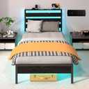J.Fkne Twin Bed Frames with LED Lights & Charging Station, Metal Platform Frame with Upholstered Headboard, No Box Spring Needed, Noise Free, Easy Assembly