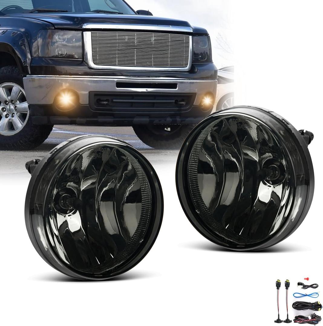 Fog Lights Assembly for 2007 2008 2009 2010 2011 2012 2013 GMC Sierra 1500 Replacement Fog Lamp Kit for 2007-2014 Sierra 2500 3500 HD with Switch & Wiring H8 12V 35W Halogen Bulb Smoke Lens