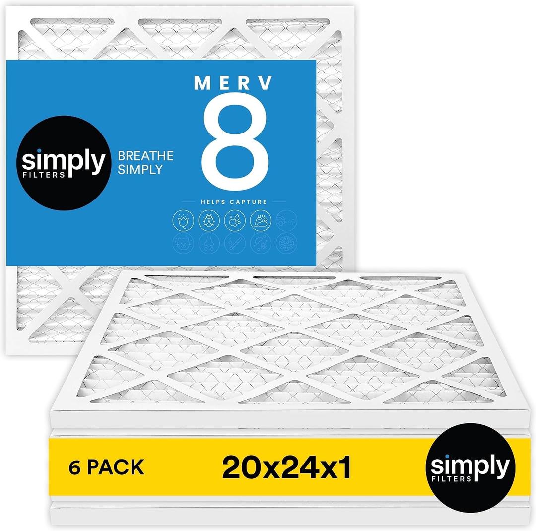 Simply 20x24x1 Air Filter, Merv 8, 6 Pack, For Home AC Furnace & HVAC (Actual Size: 19.75"x23.75"x0.75") DUST, Pet, & Allergy Control