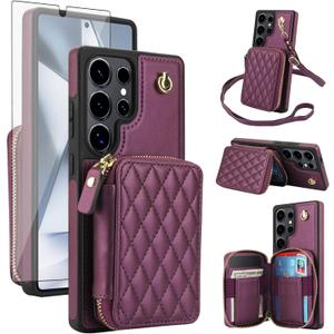 Phone Case for Samsung Galaxy S25 Ultra 5G Wallet Cell Cover with Tempered Glass Screen Protector Wrist Crossbody Strap RFID Blocking Card Holder S25Ultra 25S S 25 25Ultra 6.9 2025 Women Dark Purple