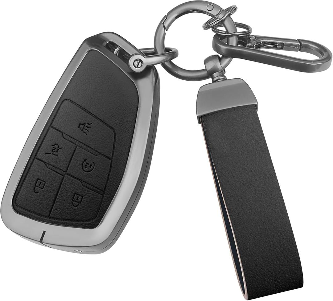 FT FUNTOR for Chevrolet Metal Key Fob Cover,PU Leather Zinc Alloy Key Case,for GMC Yukon Denali Sierra 2021-2025 (Black)