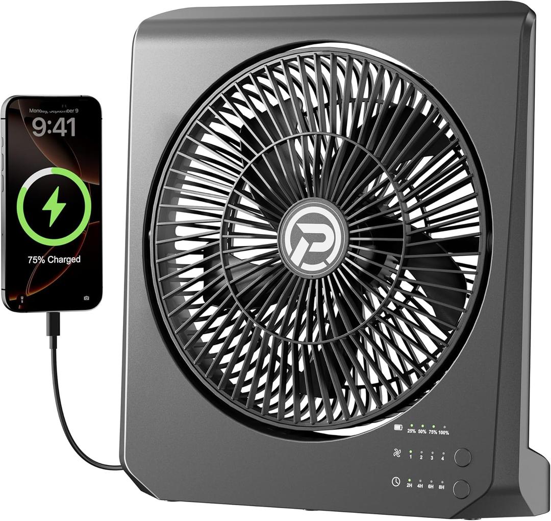 PANERGY 20000mAh Rechargeable Battery Powered Fan - 10" Square Box Fan with 55H Runtime, 4 Speeds & Timer, 270° Pivot, Cordless & Portable for Home, Patio, Camping, Travel, Power Outages (No Remote)