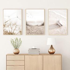 Neutral Landscape Artwork Modern Dandelion Wall Art Ocean Landscape Picture Small Seashell Artwork Neutral Beach Painting Pampas Grass Canvas Wall Art for Living Room Bedroom 16x24inchx3 Frameless (16L" x 24W")