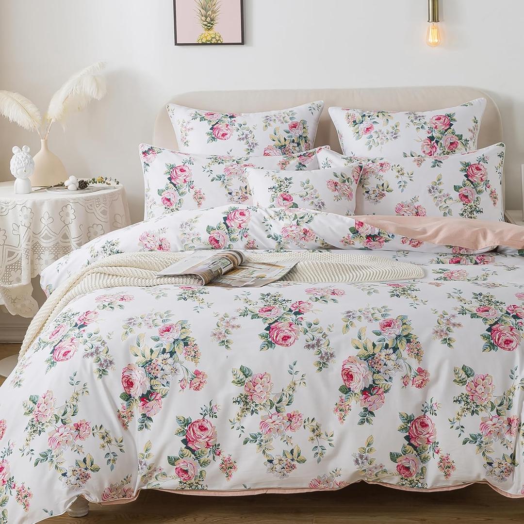 FADFAY Duvet Cover Set Queen Pink Rose Floral Bedding Shabby Peony Flower Quilt Cover Set Vintage Farmhouse Bedding 100% Cotton Soft Comforter Cover Set with Hidden Zipper Closure 3Pcs, Queen Size