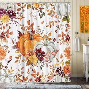 GOAOK Fall Shower Curtain, Autumn Pumpkin Harvest Thanksgiving Shower Curtain Set with Hooks, Farmhouse Boho Fall Shower Curtains for Bathroom Orange Fabric Polyester 72''X72'' with 12 PCS Hook