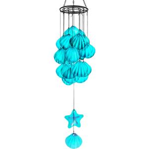 Stained Glass Wind Chimes for Outside,Handmade Large 25 inch Memorial Windchimes Outdoor,Sea Glass Decor for Patio Garden Balcony Porch (Shell & Starfish) (31in-Blue Shells)