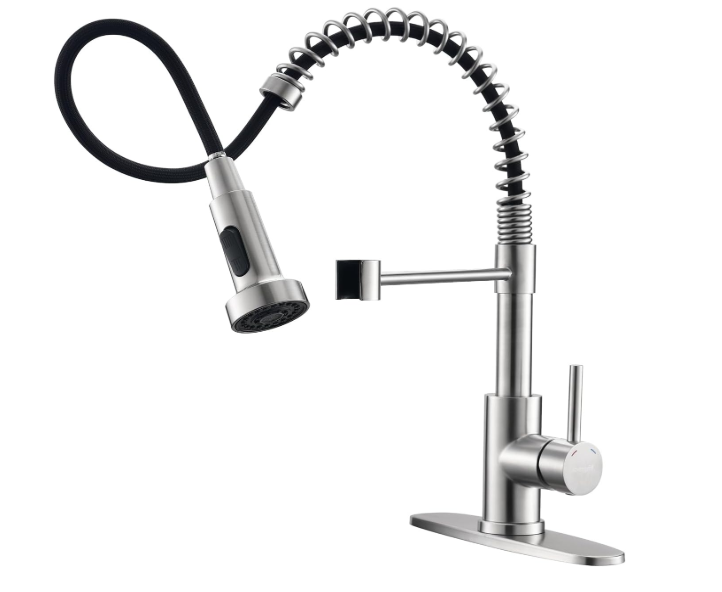 Ibergrif Kitchen Faucets with Pull Down Sprayer, Single Handle Pull Out Spring Sink Faucets High Arc Brushed Nickel Stainless Steel 1 or 3 Hole for RV Laundry Farmhouse Bar