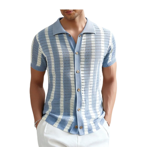 Verdusa Men's Striped Crochet Button Down Shirts Hollow Out Half Sleeve Collared Knit Tops Blue S