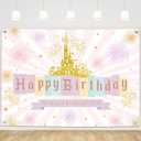 MEHOFOND 7x5ft Princess Castle Birthday Decorations Backdrop Pastel Rainbow Stripes Magical Background Gold Glitter Happiest Birthday On Earth Party Banner Photo Booth Props