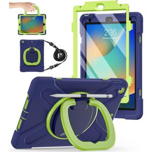 BATYUE for iPad 9th/ 8th/ 7th Generation Case (iPad 10.2 inch Rugged Case 2021/2020/2019) with Screen Protector, Rotating Stand/Pencil Holder/Carrying Shoulder Strap (Navy Blue+Lime)