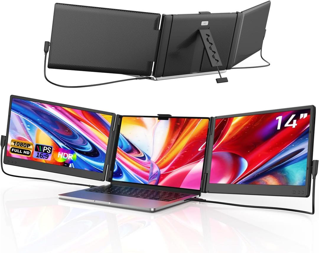 FEZOBR Laptop Screen Extender, 14'' FHD 1080P IPS Portable Monitor for Laptop, Triple Screen Extender Monitor Plug-Play for Mac/Windows/Chrome, Fit 13-17.3 Laptops