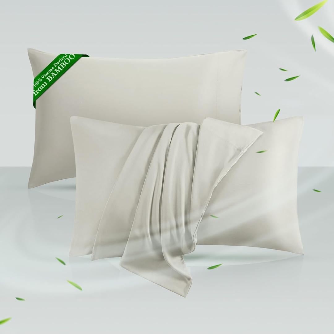 Cooling Pillowcases Standard Size Set of 2, Viscose Derived from Bamboo for Hot Sleepers, Soft & Silky Pillow Covers with Envelope Closure (Sand 2 Pack, 20x26 inches)