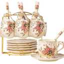 YOLIFE 8 OZ Pink Rose Tea Cups and Saucers Set of 6, Ivory Vintage Floral Porcelain Teacups Set, Coffee Cups with Golden Rack