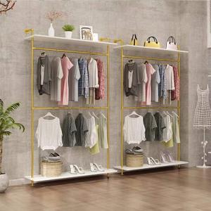 Industrial Clothing Store 2-Tier Pipe and Wood Garment Rack,Wall Mounted Storage Clothes Shoe Bag Hanging Shelves,Retail Shop Clothes Display Stands (Gold, One Pipe Shlef, 47.2" L)