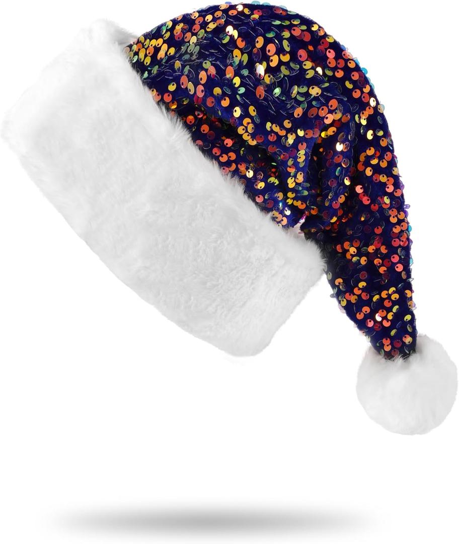 2 x BELISHMIE Golden Sparkling Sequin Santa Hat for Adults Christmas Holiday Party Accessory, Plush Fur Trim, Festival Headwear (Blue)