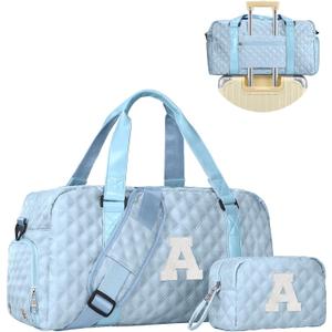 Elilier Initial Travel Duffle Bag Women Girls Gift: Personalized Weekender bags, Dance Cheer bag Sports for Girl, Kid Gymnastics Bags, Birthday Gifts for Women Girls Kids Teens Mom Teacher (light blue)