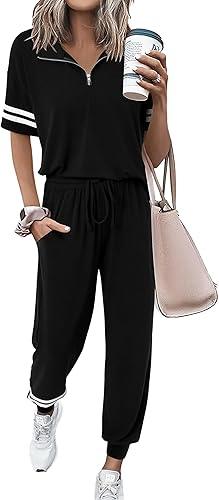 MASCOMODA 2 Piece Outfits for Women 2025 Summer Casual Quarter Zip Short Sleeve Tops Long Pants Tracksuit Jogger Lounge Sets (Small)