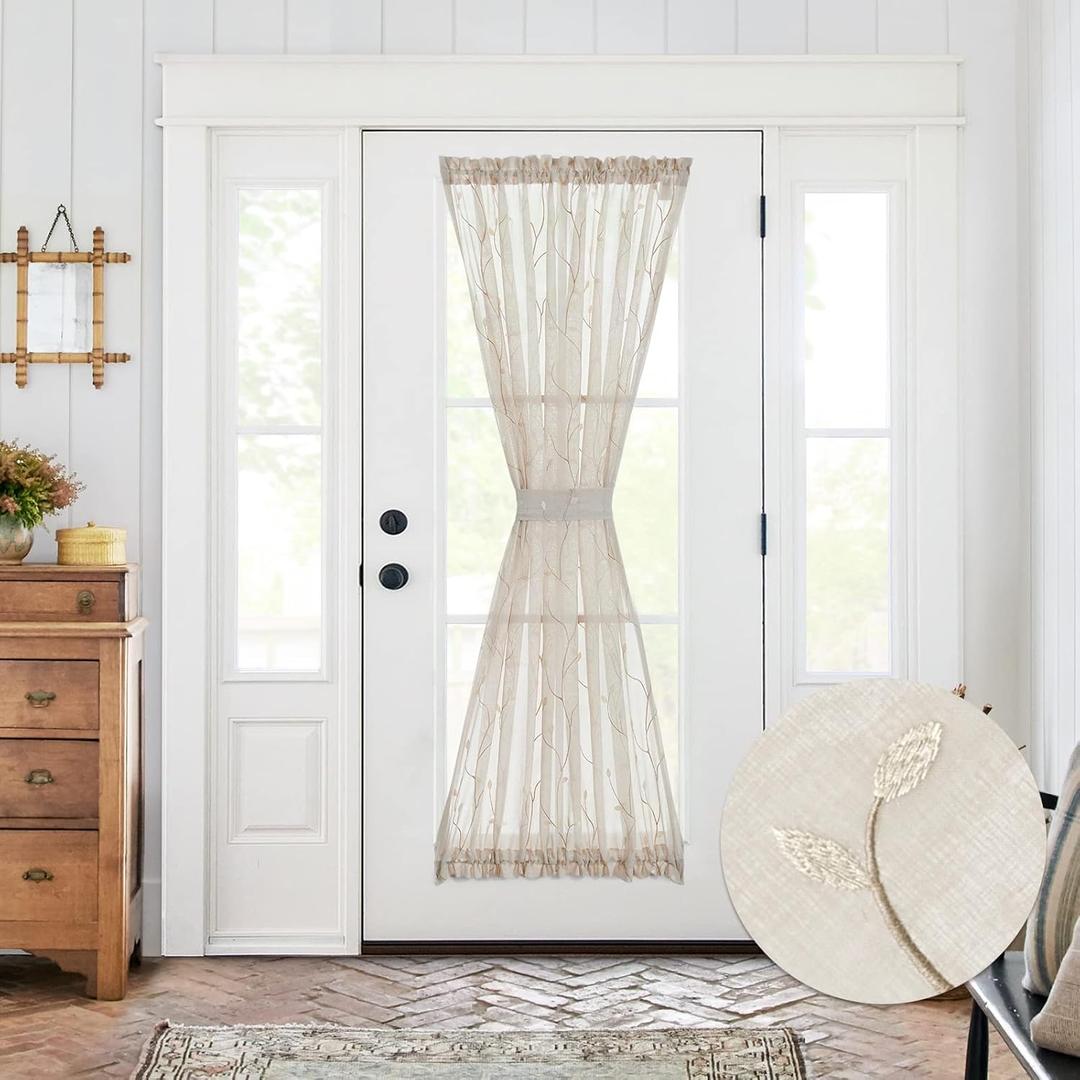 jinchan Sheer Door Curtain 72 Inches Floral Embroidered Semi-Sheer Embroidery Voile Floral French Door Curtain Light Filtering Drape Rod Pocket 1 Panel Beige (55"W x 72"L (Pack of 1))