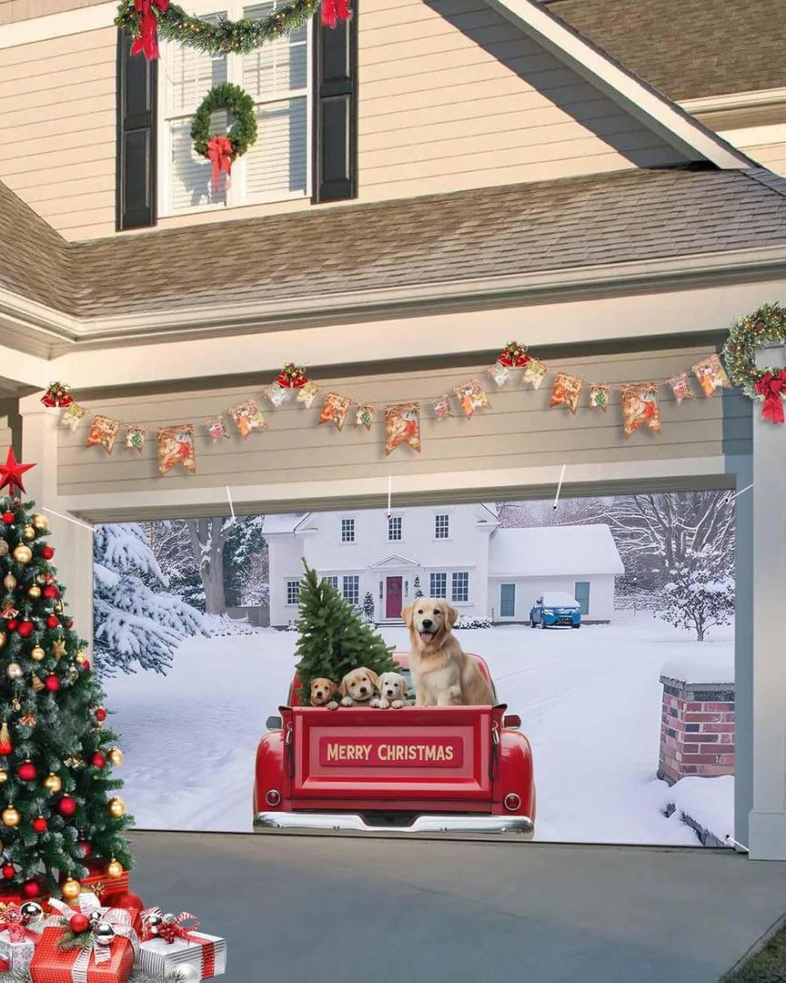 Merry Christmas Red Truck Pull Golden Retriever Garage Door Decor - 7 x 16 ft, Holiday Backdrop for Winter & New Year Parties