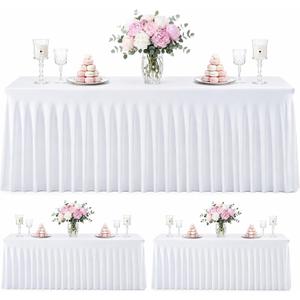 3 Pack White Stretch Spandex Tablecloths, 6ft Fitted Rectangle Table Cover with Skirt, Wrinkle Free Polyester Table Cloth for Wedding, Party, Banquet, Baby Shower, Christmas, 6ft Rectangle Spandex Tablecloths-3pcs