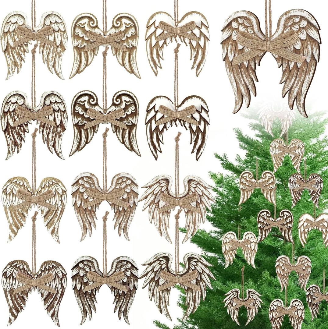 Sotiff 12 Pcs Christmas Wood Ornaments 3.9 x 3.74 in Angel Tree Decor Christmas Farmhouse Rustic Wing Ornaments with Bow Tree Hanging Decorations for Xmas Home Office Fireplace Mantel Winter Party