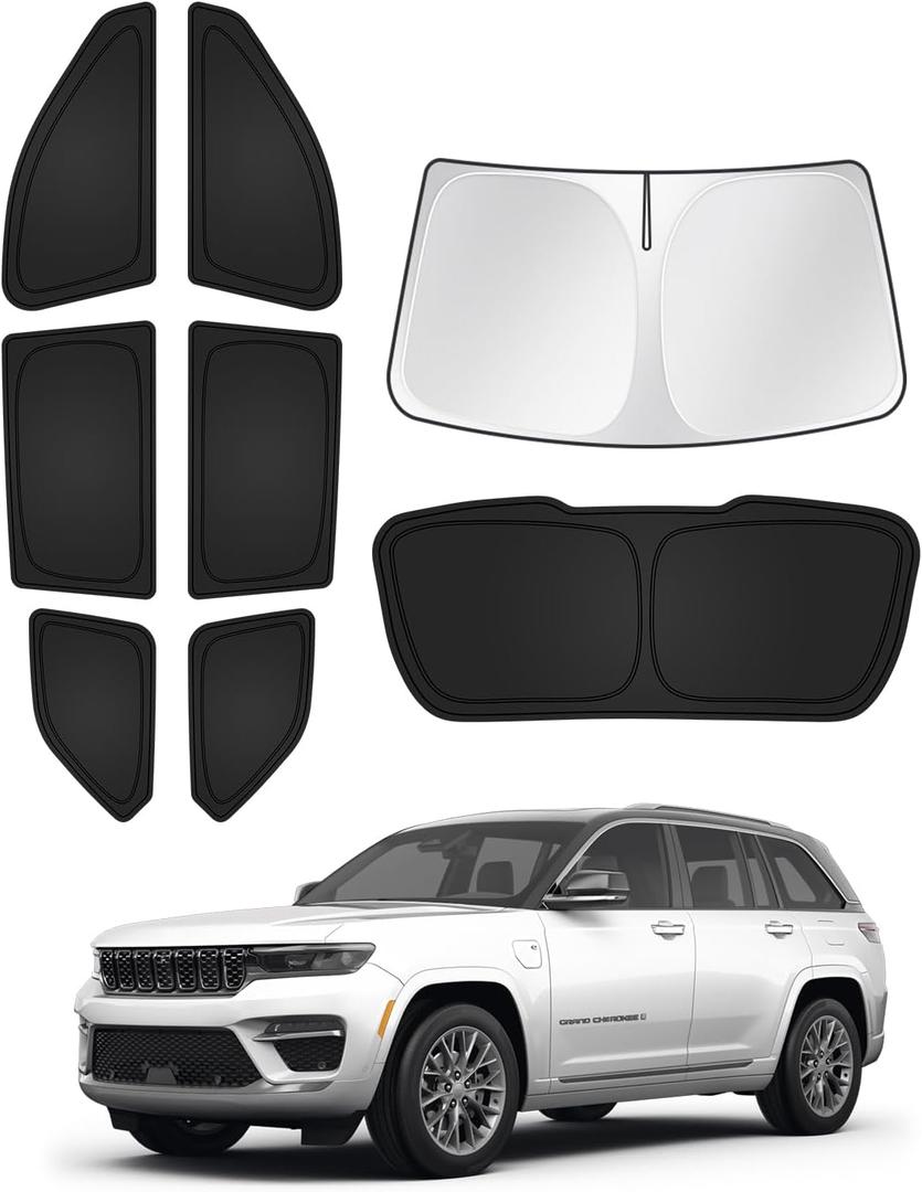 Windshield Sun Shade for 2022-2025 2026 Jeep Grand Cherokee Accessories Sunshade Side Rear Window Shade Cover Sun Visor Shield Privacy Protection Keep Vehicle Cool Black 8PCS