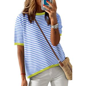 Dokotoo Womens Tops Casual Summer Crewneck Short Sleeve Striped Color Block Knit High Low Trendy Pullover Sweaters (Small, A Sky Blue)