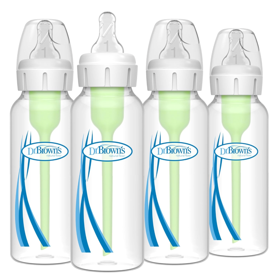 Dr. Brown's AntiColic Options+ Narrow Glass Baby Bottle with Level 1 Slow Flow Nipple, BPAFree, 8 oz/250 mL, 0m+, 4Pack