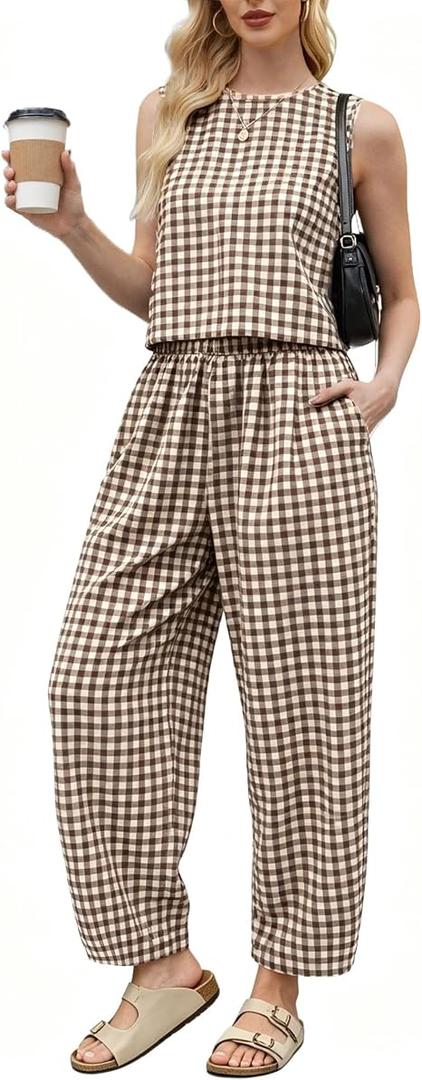 2 Piece Sets For Women Summer Gingham Tank Top Wide Leg Pants Matching Casual Beach Vacation Travel Lounge Sets (Coffee Khaki, Medium)