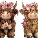 2 Pcs Highland Cow Figurines Decor Daisy Flower Highland Cow Gnomes Resin Statue Calf Lovers Gifts for Farmhouse Home Garden Kitchen Office Tiered Tray Table Decor