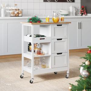 YITAHOME Small Solid Wood Top Kitchen Island Cart on Wheels with Storage, Rolling Portable Dining Room Serving Utility Carts Mobile Movable with 3 Drawers Cabinet, Oak & White, 14.96"D x 26.69"W x 33.07"H
