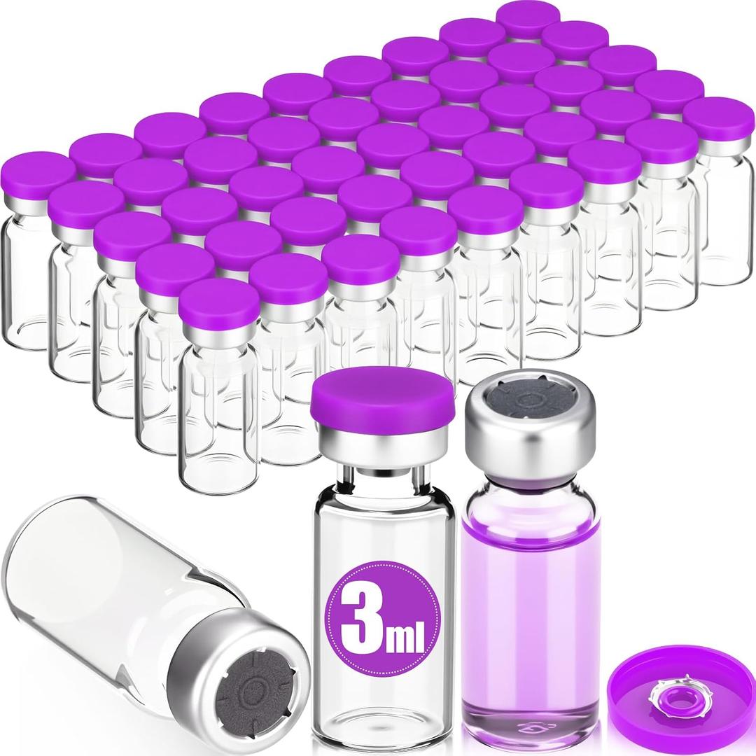 50 Pcs 3ml Sealed Sterile Empty Vials with Self Healing Injection Port Clear Glass Empty Vials with Plastic-aluminum Flip Cap and Rubber Injection Stoppers Flat Bottom Lab Vial (Purple Lid)