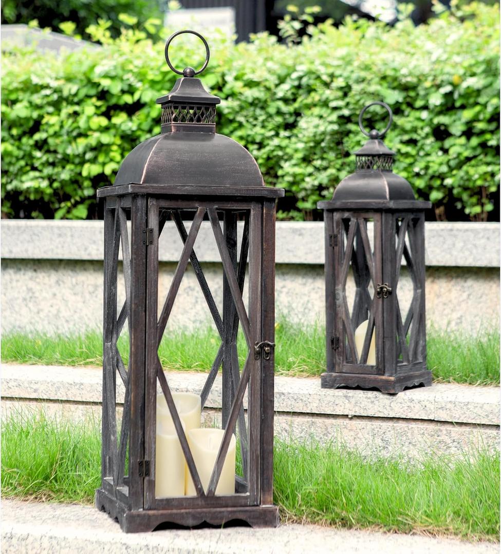 Perfnique Farmhouse Outdoor Lanterns for Patio, Set of 2 Rustic Lanterns Decor, Vintage Hanging Candle Holder Decorative for Porch, Garden, Yard, Indoor (No Glass, Dark Brown)